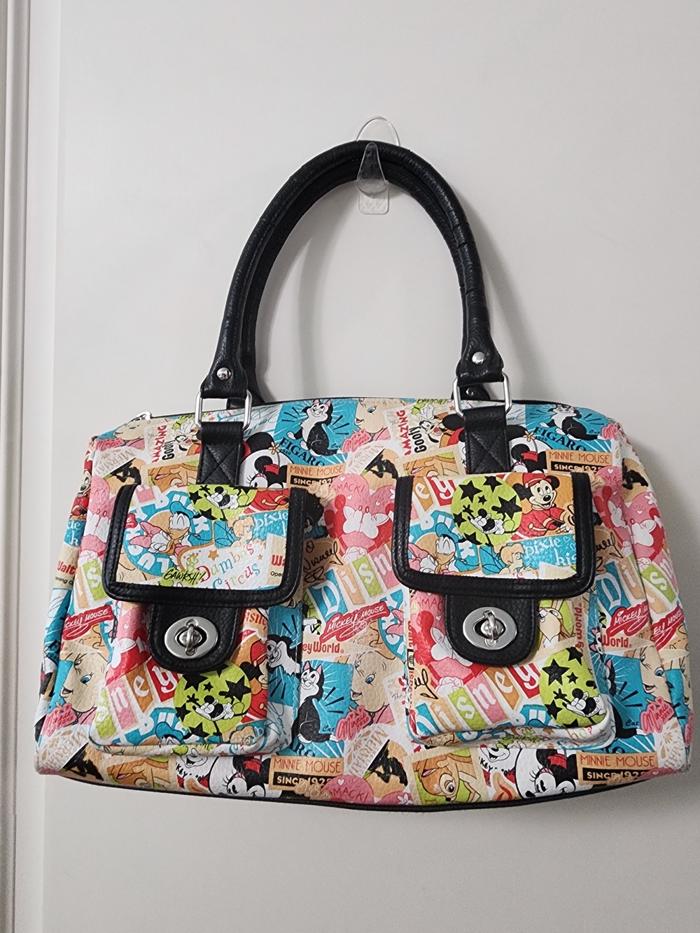 Disney Mickey Minnie Satchel Bag Colorful Collage Print Double Pocket Structured